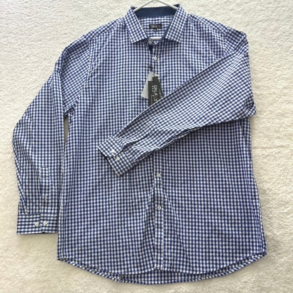 Galaxy by Harvic Mens XL Slim Fit Gingham Button Down Shirt Navy White NWT - Picture 5 of 8